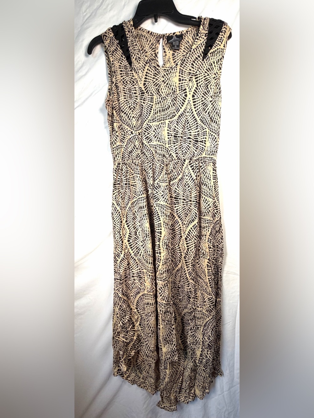 ANGIE Black Tan Geometric Print Cutout Shoulder High-Low Midi Dress Size M